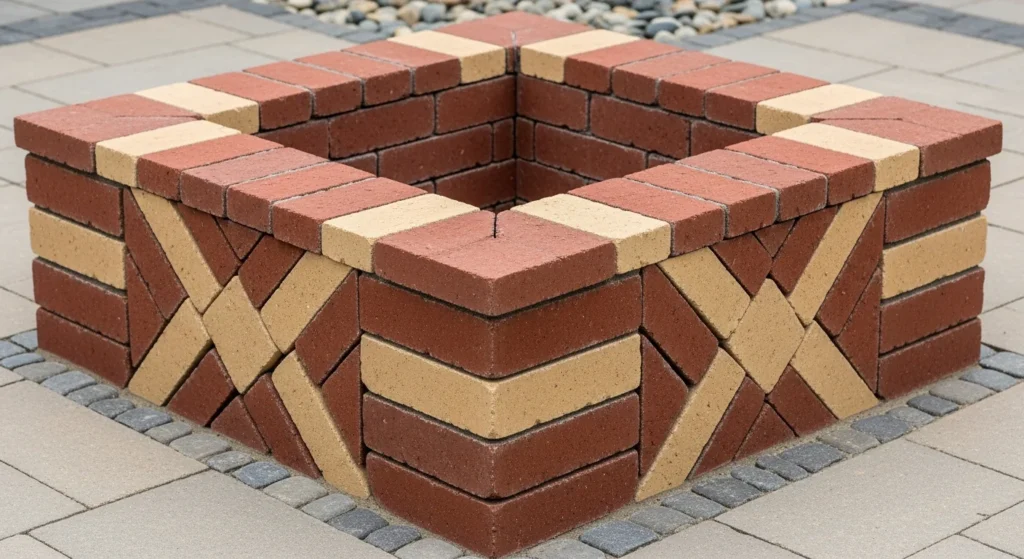 Square brick fire pit featuring checkerboard pattern using different colored bricks