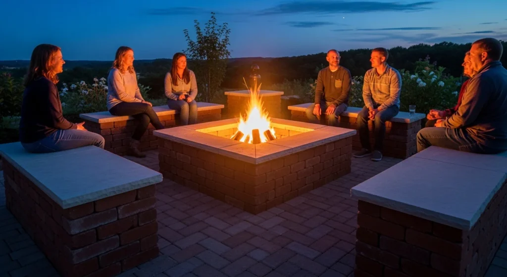 Square brick fire pit featuring extended walls creating built-in bench seating
