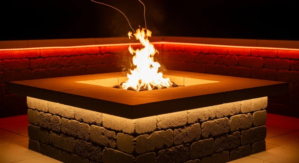Square brick fire pit illuminated with integrated LED strip lights at night
