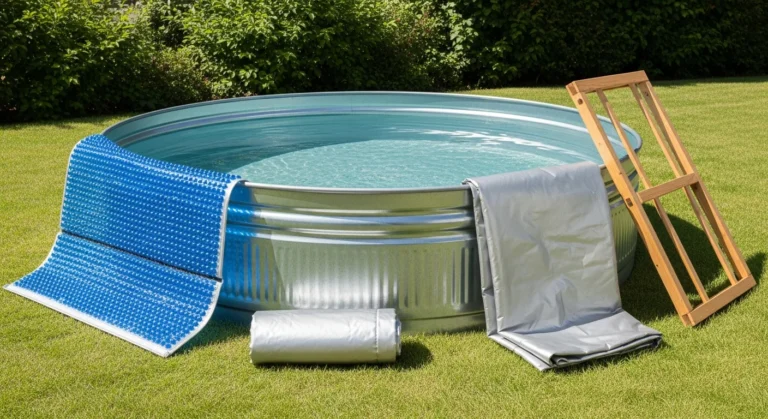 Various creative stock tank pool covers including solar covers, Oxford fabric covers, and DIY solutions displayed around galvanized metal pool