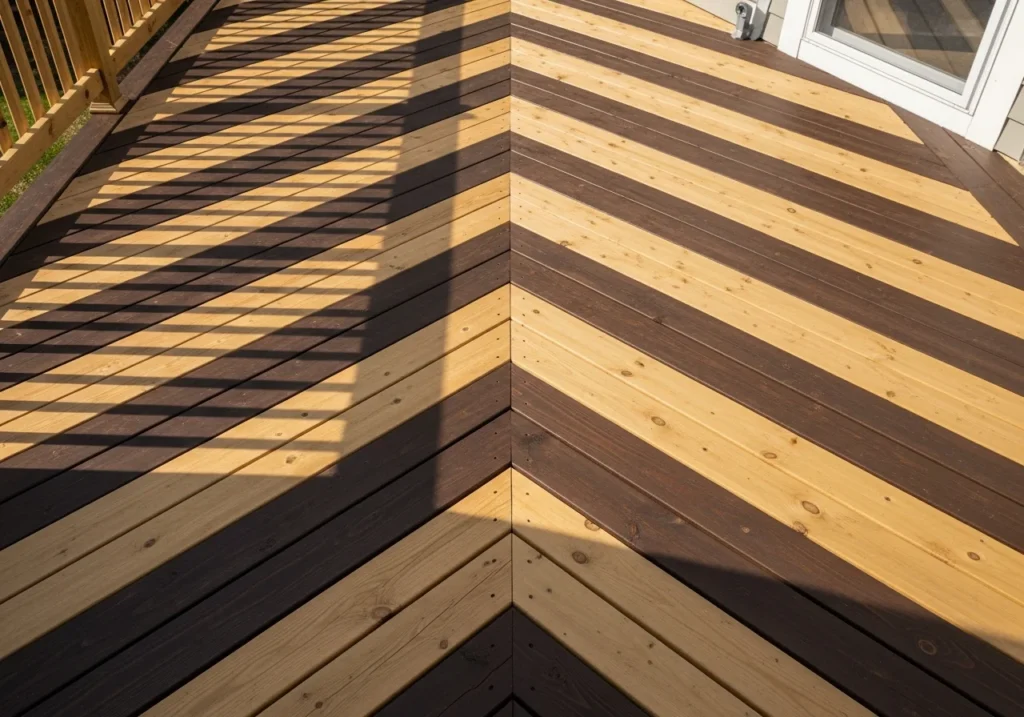 Stunning deck featuring geometric chevron pattern design using two contrasting wood stain colors.