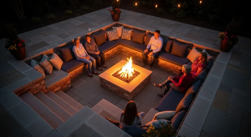 Sunken Square Fire Pit Surrounded by Built-In Bench Seating

