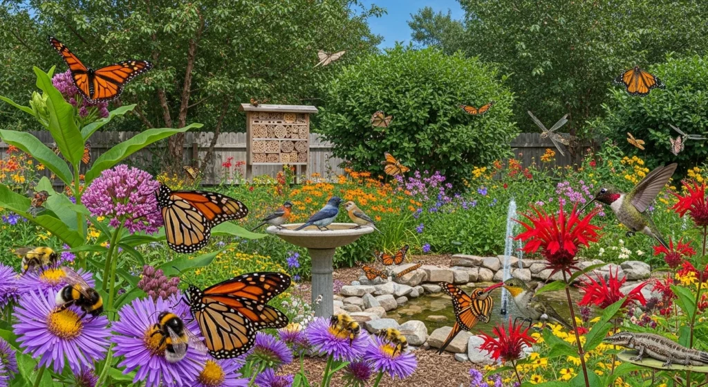 Wildlife-friendly garden with pollinators on native flowers, bird bath, layered plantings, and habitat features supporting biodiversity