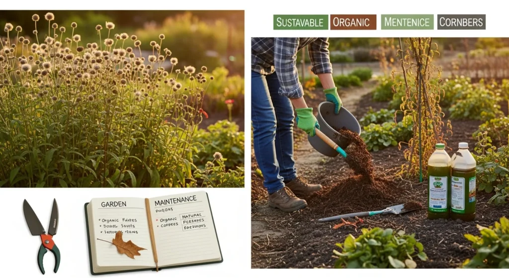 Sustainable garden maintenance showing organic fertilization, seasonal cleanup timing, hand tools, and eco-friendly practices throughout the year