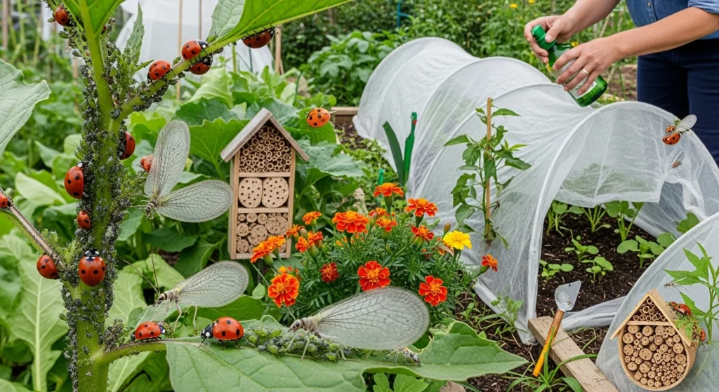 Sustainable pest management featuring beneficial insects, companion planting, organic treatments, and natural pest control methods in healthy garden
