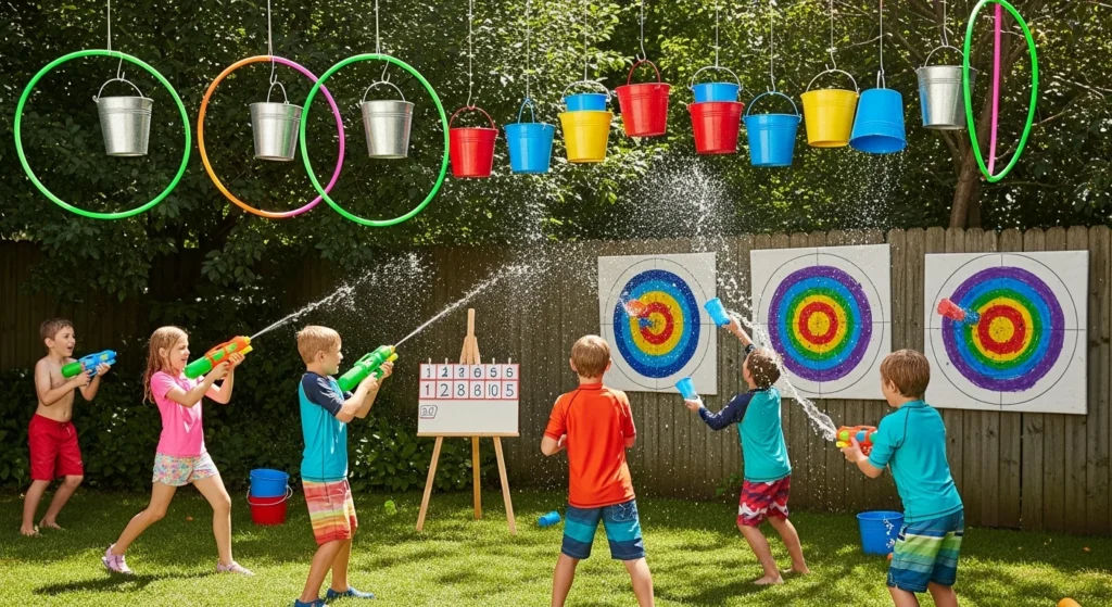  Backyard target setup with hula hoops and buckets for water gun practice
I