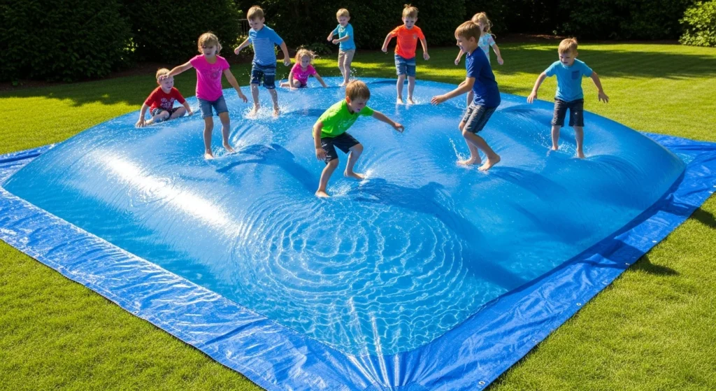 Large water-filled tarp blob on grass with children jumping and playing on it