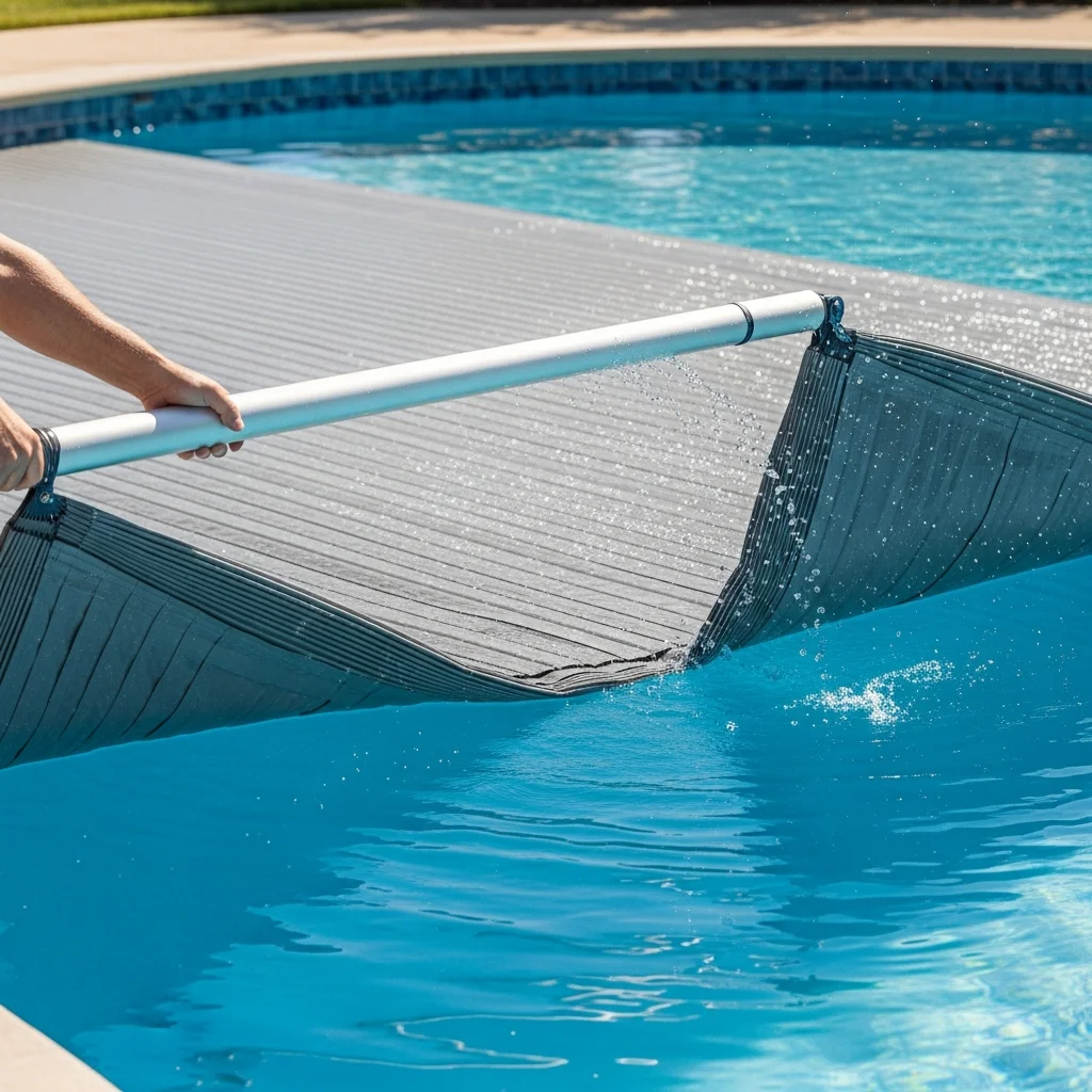 Long telescoping pool pole helping deploy folded cover across pool surface.