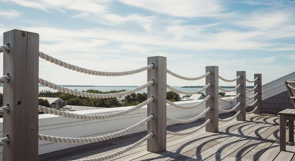Casual coastal-style rooftop with thick marine rope railings