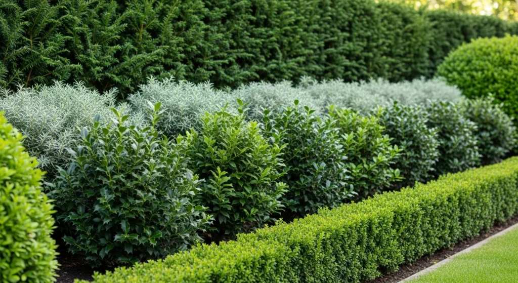 Layered evergreen border with varied heights from low hedges to tall shrubs
