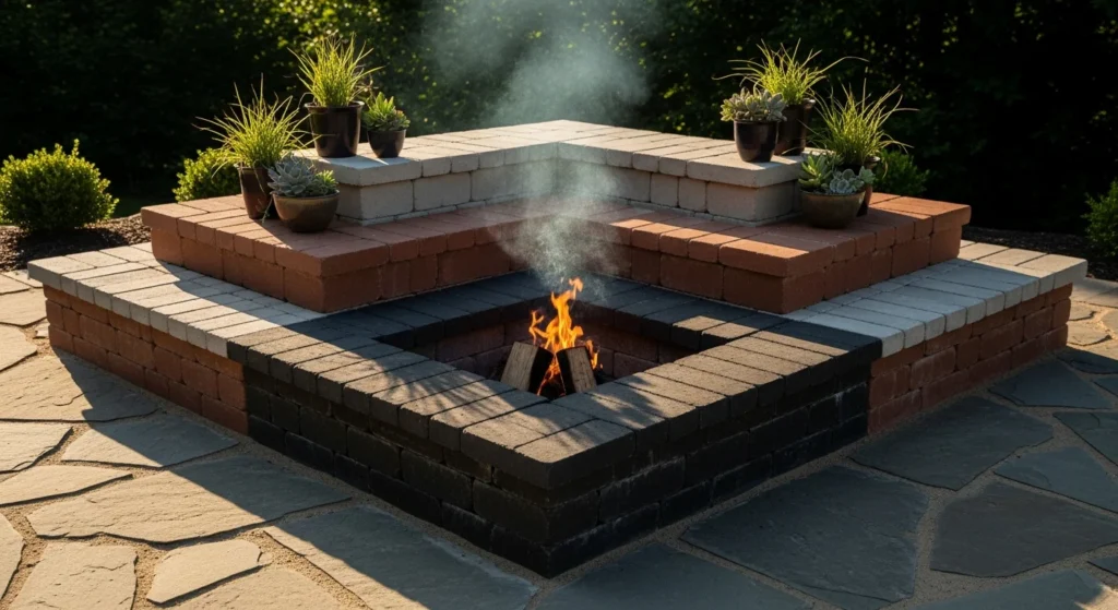 Stepped square fire pit with multiple descending levels and dimensional design