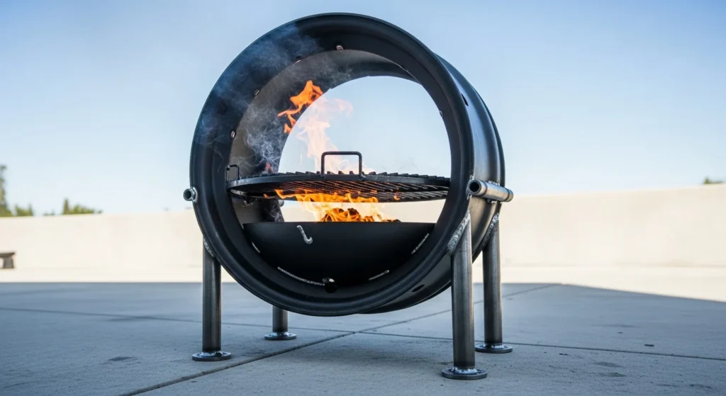 Upcycled tire rim grill mounted on metal legs with cooking grate
