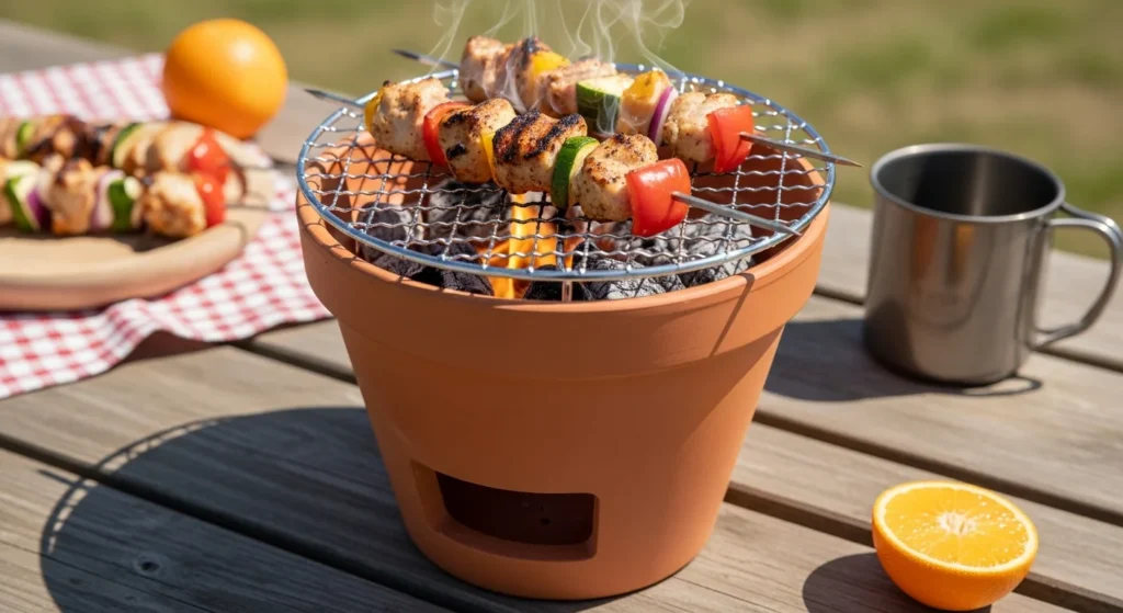 Portable tabletop grill made from terracotta pot with cooking grate