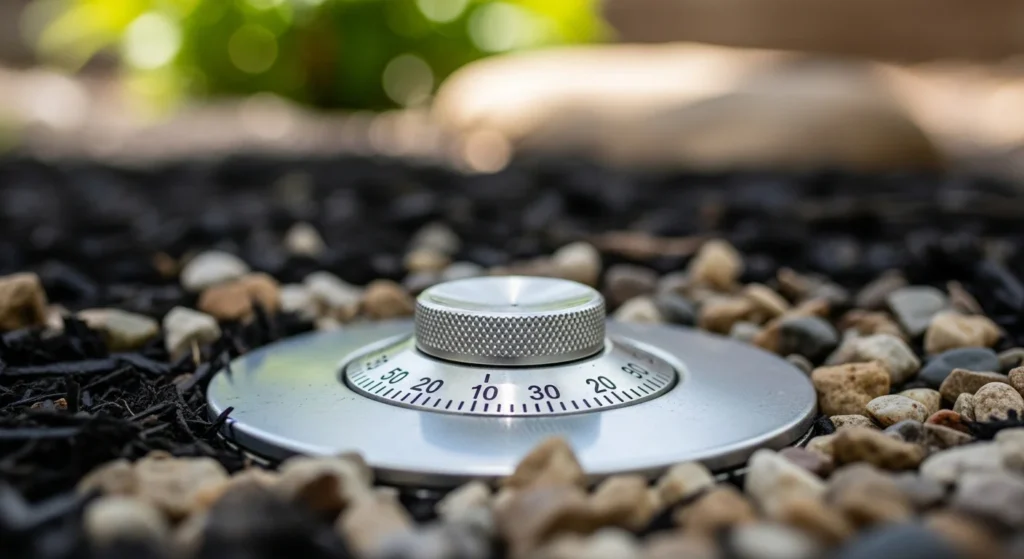 Weatherproof combination lock box buried in ground beneath landscaping mulch to hide key