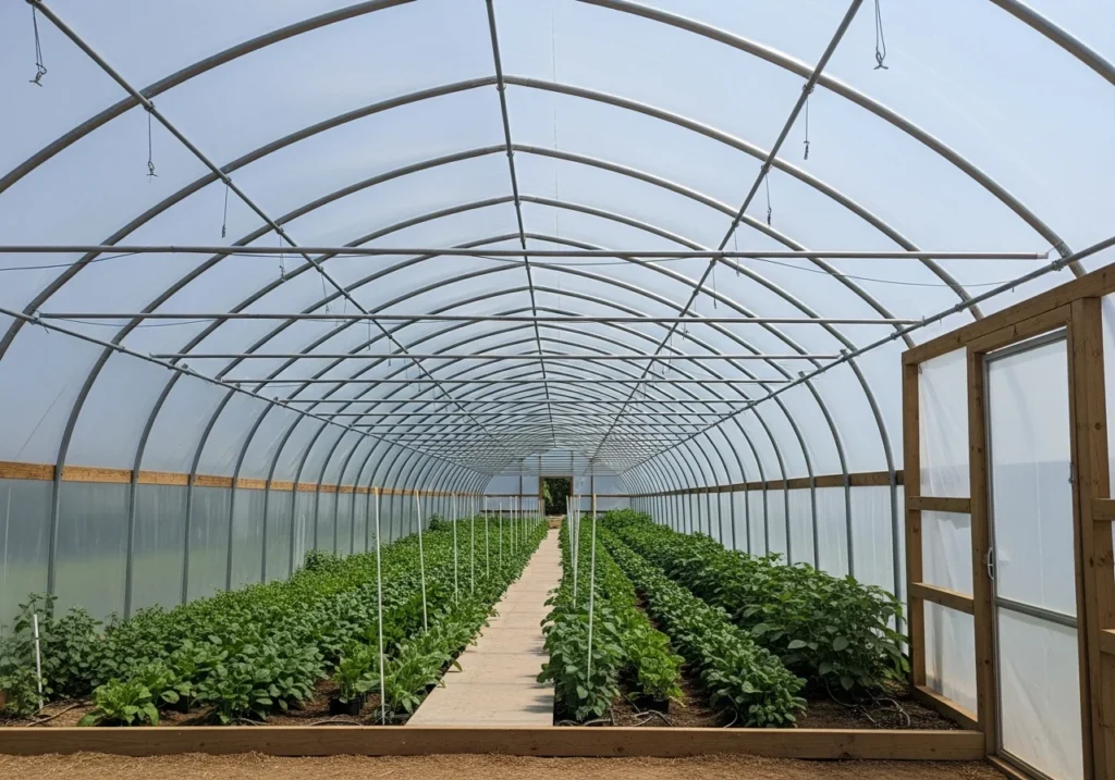 A large walk-in greenhouse tunnel structure with curved roof 
