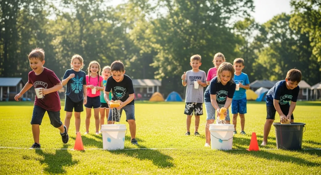 : Teams of children competing in water relay races with buckets and cups
