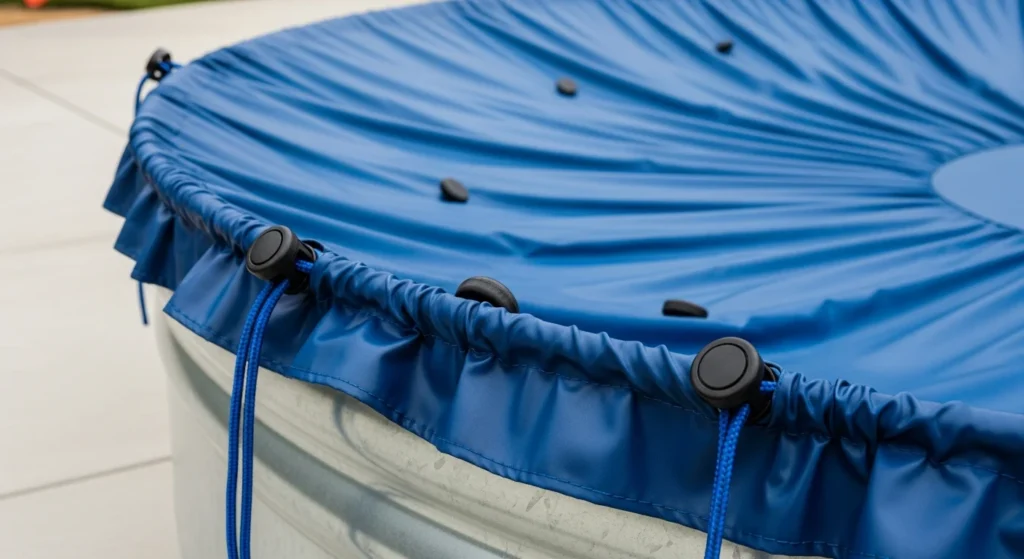 Navy blue drawstring cover with weighted hem cinched tightly around stock tank pool perimeter