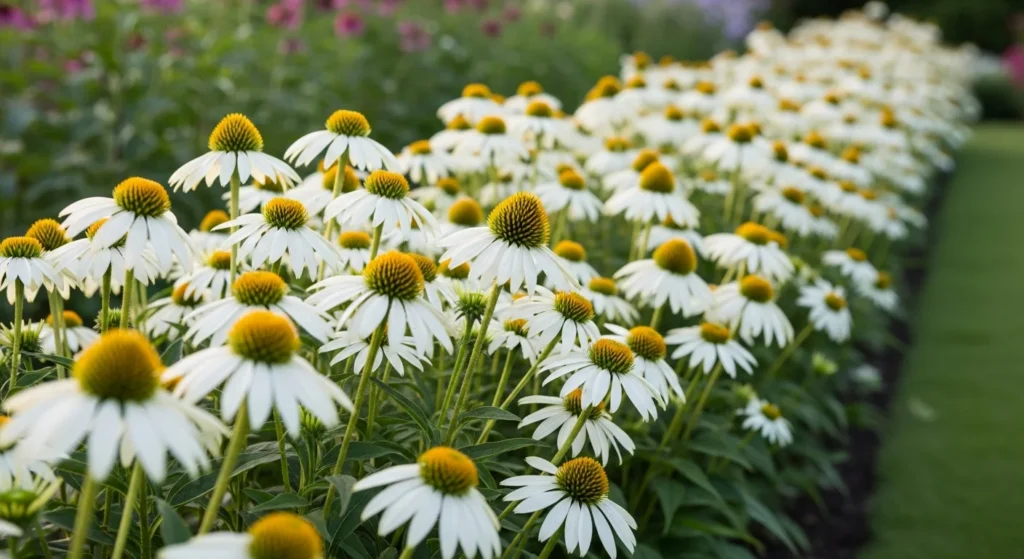Graceful drift of white echinacea coneflowers with dark centers arranged in flowing band through elegant garden border