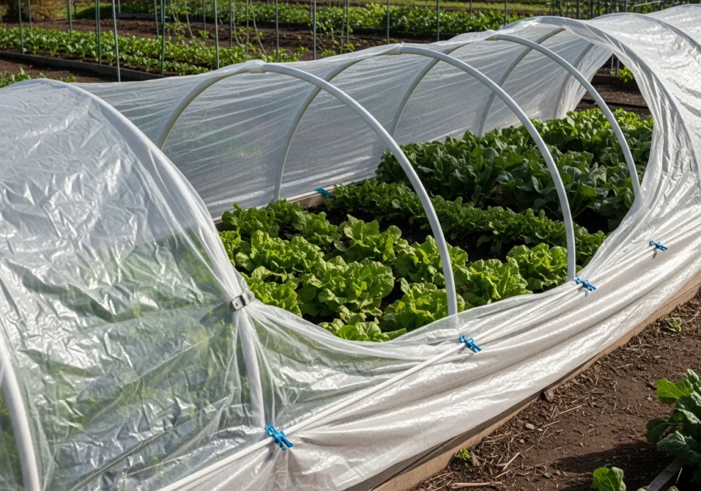 A detailed photograph of white PVC pipe hoops forming a low tunnel structure 