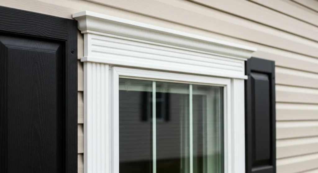 Decorative window trim and shutters added to mobile home exterior for enhanced curb appeal