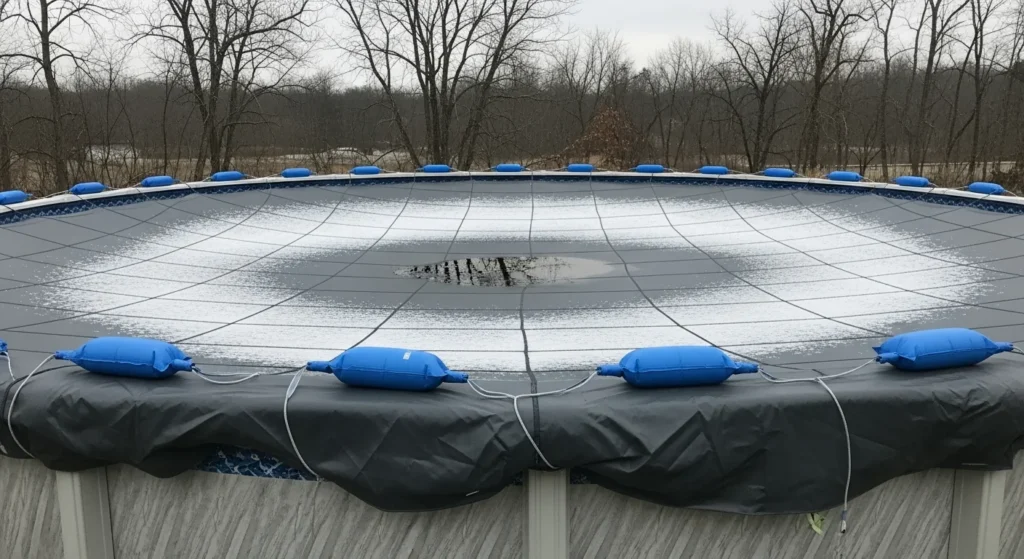  Dark winter pool cover with blue water bag anchors placed around the perimeter.