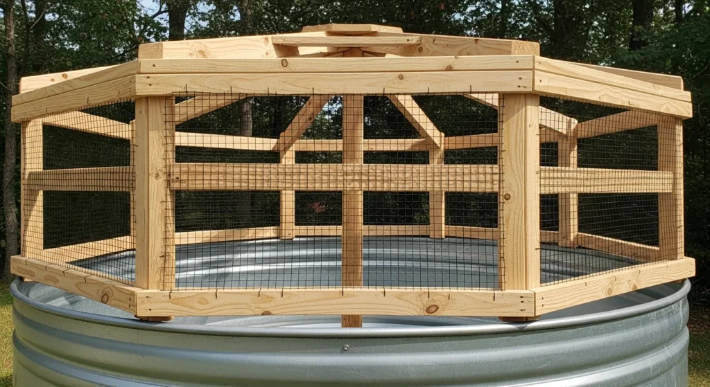 Pressure-treated wooden frame with black mesh screening fitted over stock tank pool for debris protection