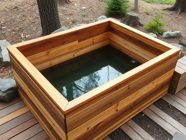 wooden cold plunge tub made from cedar or redwood planks, rectangular design with visible craftsmanship, filled with water