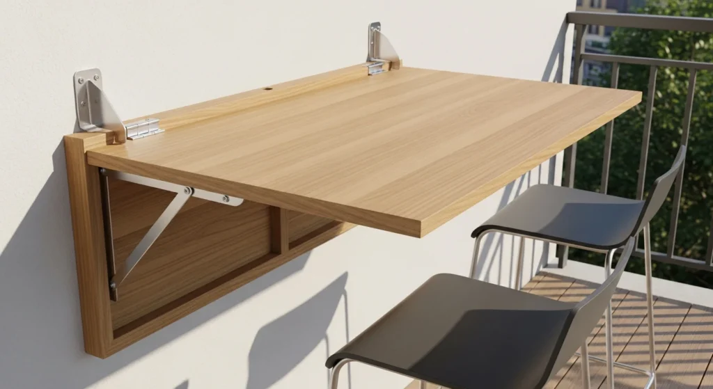Wall-mounted fold-down bar table on balcony with bar stools tucked underneath demonstrating space-saving solution