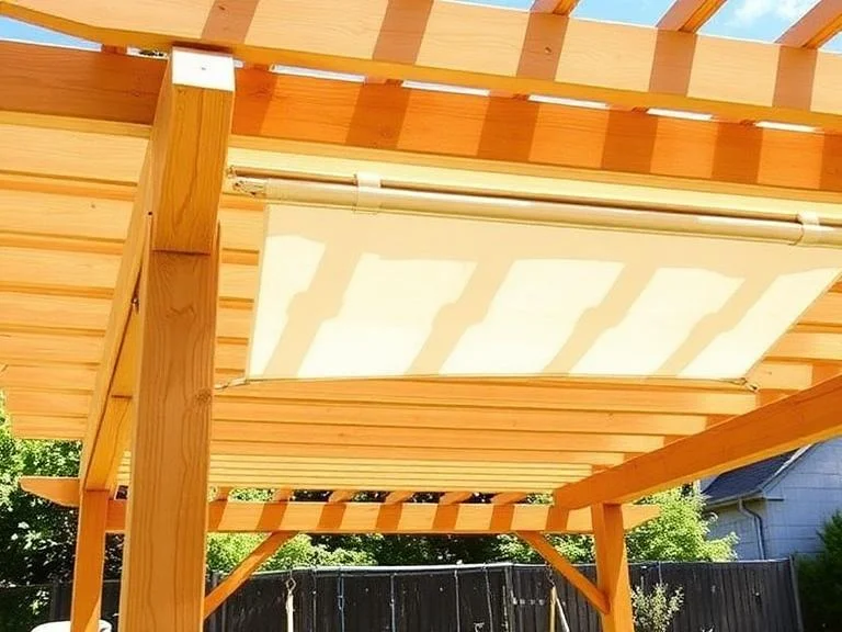 Wooden pergola structure with pressure-treated lumber posts and horizontal beams, retractable white canvas shade panels partially extended across the slatted roof, natural wood tone finish, positioned over a playground area