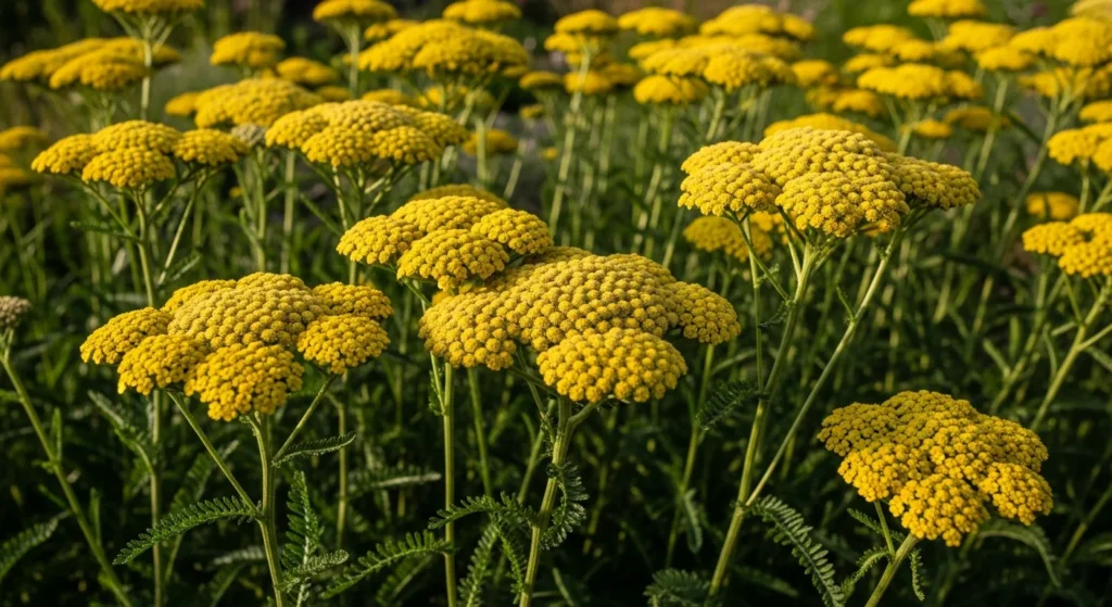 YeDrift of yellow yarrow with distinctive flat topped flower clusters creating horizontal planes above ferny fo