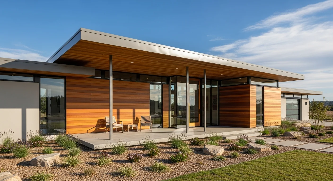A stunning modern home exterior featuring a sleek Flat Porch Roof with clean horizontal lines, contemporary architectural design, natural lighting, professional real estate photography style, wide angle view showing the entire porch structure, neutral color palette with wood and concrete elements, landscaped foreground, clear blue sky background,