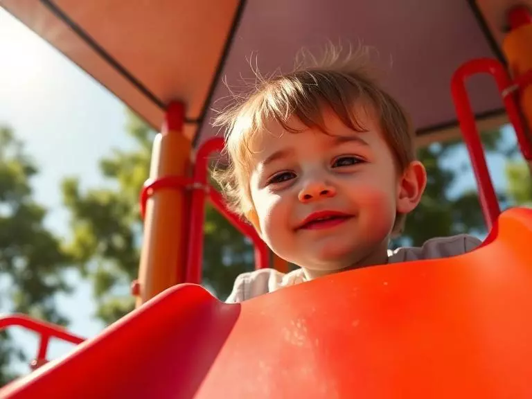 Close-up view of a young child playing on a bright red playground slide under intense sunlight, showing strong shadows 