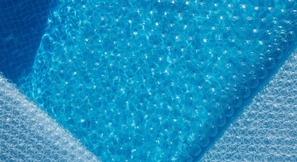  Clear bubble wrap material used as a DIY solar heating pool cover.