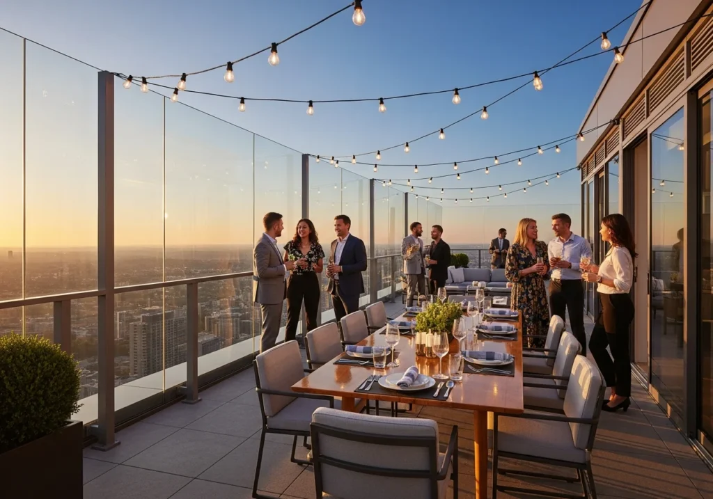 Luxury apartment penthouse rooftop terrace with frameless glass panel railings, elegant outdoor dining setup.