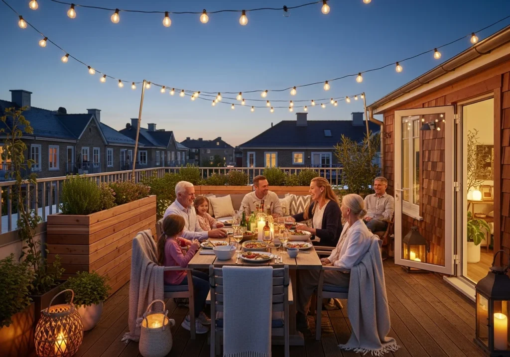 Warm residential apartment rooftop with natural cedar wood railing, family gathering for outdoor dinner