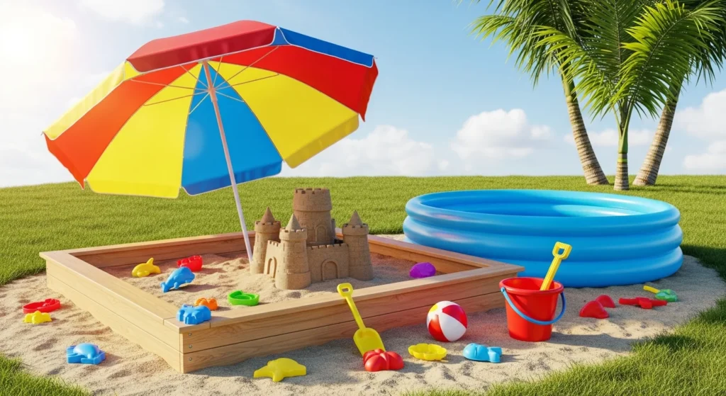 Sandbox area next to shallow pool creating a beach environment in a backyard