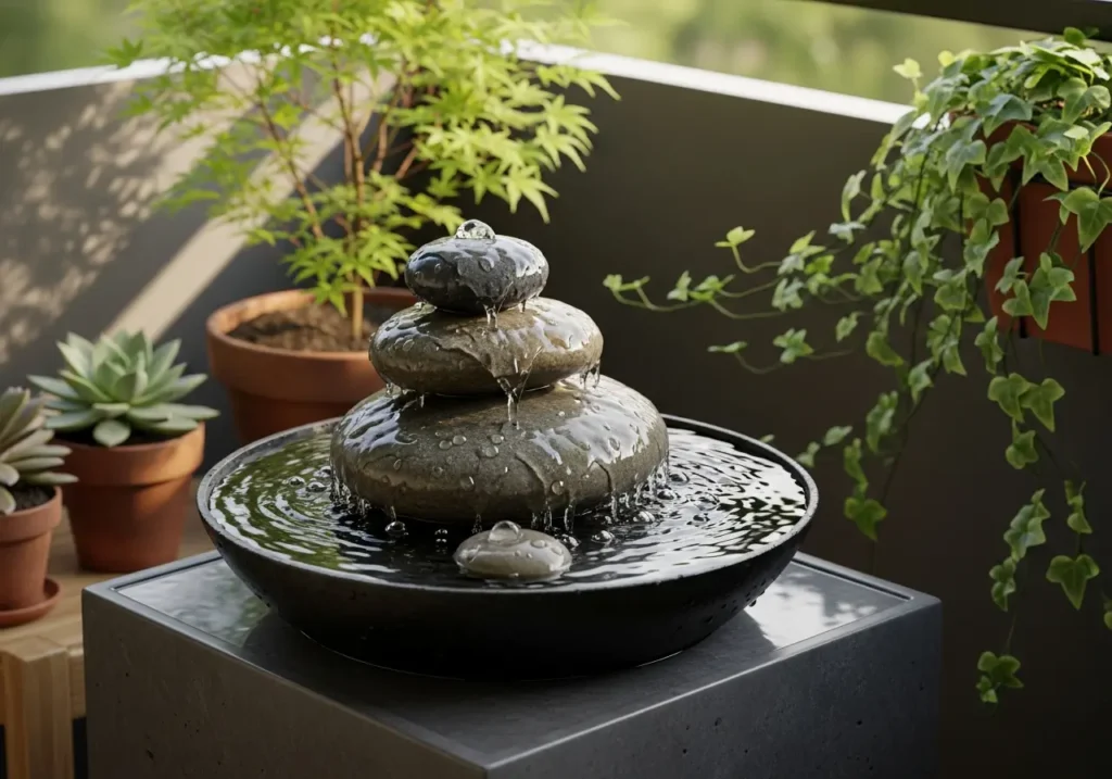 A peaceful small balcony corner featuring a modern tabletop water fountain on a side table with water gently flowing over stacked stones.
