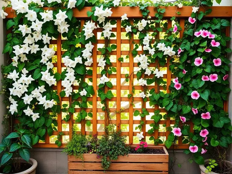 A small balcony wall with wooden trellis structure  natural aesthetic, vibrant greenery and flowers