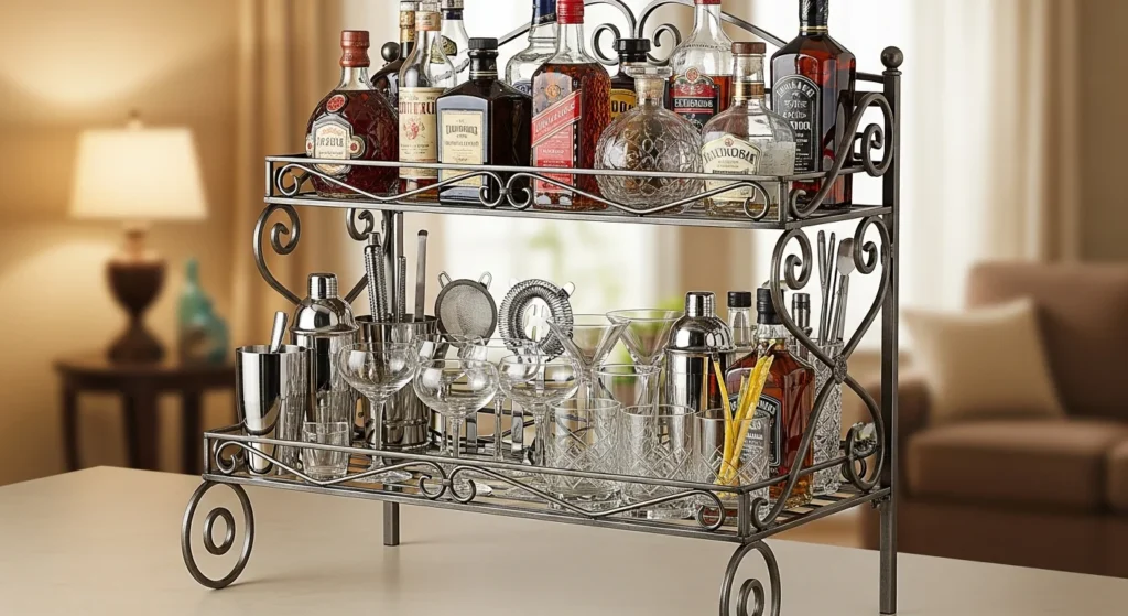 Multi-tiered metal plant stand converted to balcony bar storage with bottles, glasses, and tools organized by level