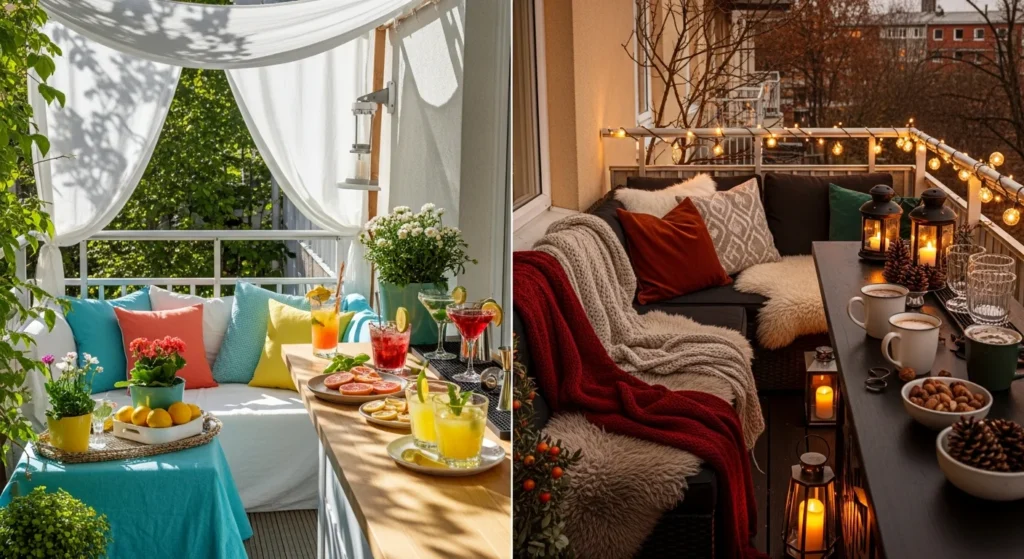 Balcony bar showing seasonal transformation from summer setup with light decor to cozy winter arrangement with warm textiles