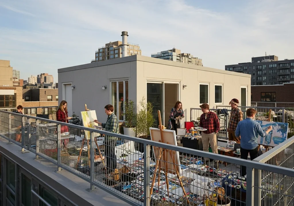 building rooftop with wire mesh panel railing  