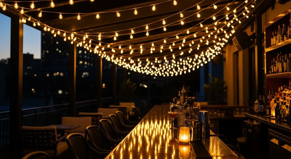String lights creating overhead canopy above balcony bar area with warm ambient evening lighting