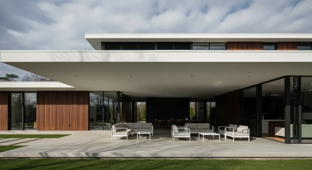 A dramatic cantilevered flat roof extending boldly beyond support walls