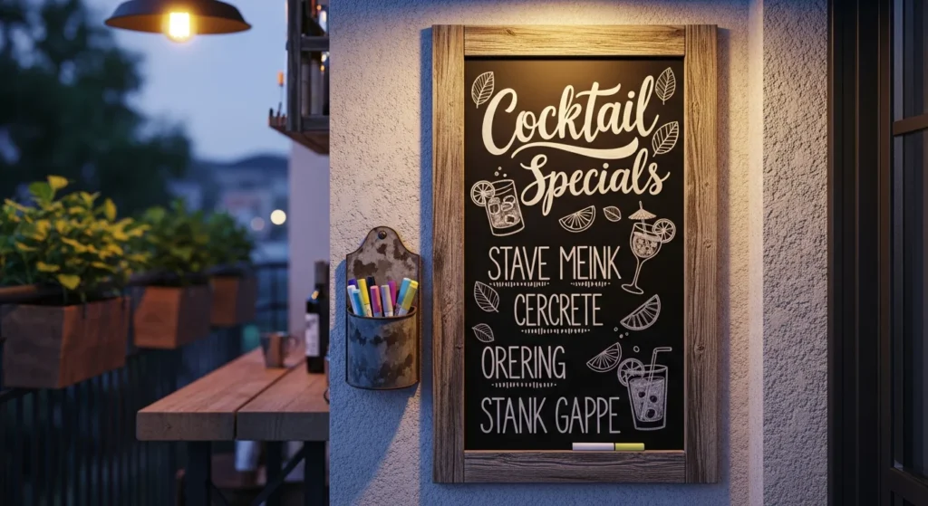 Chalkboard menu display on balcony wall showing handwritten cocktail options and drink specials