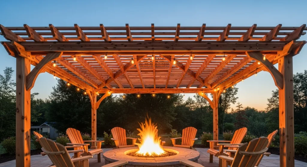 Wooden pergola shelter over circular stone fire pit with comfortable seating arrangement