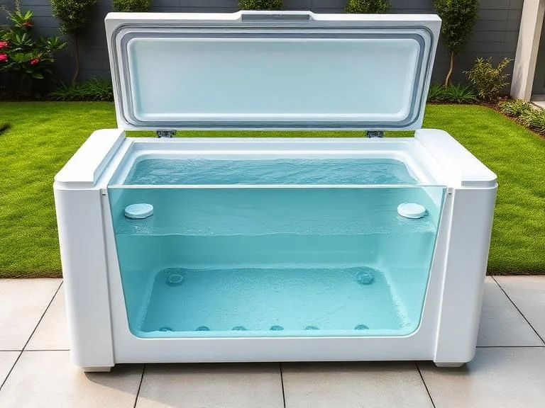A very large white chest freezer converted into a cold plunge pool.