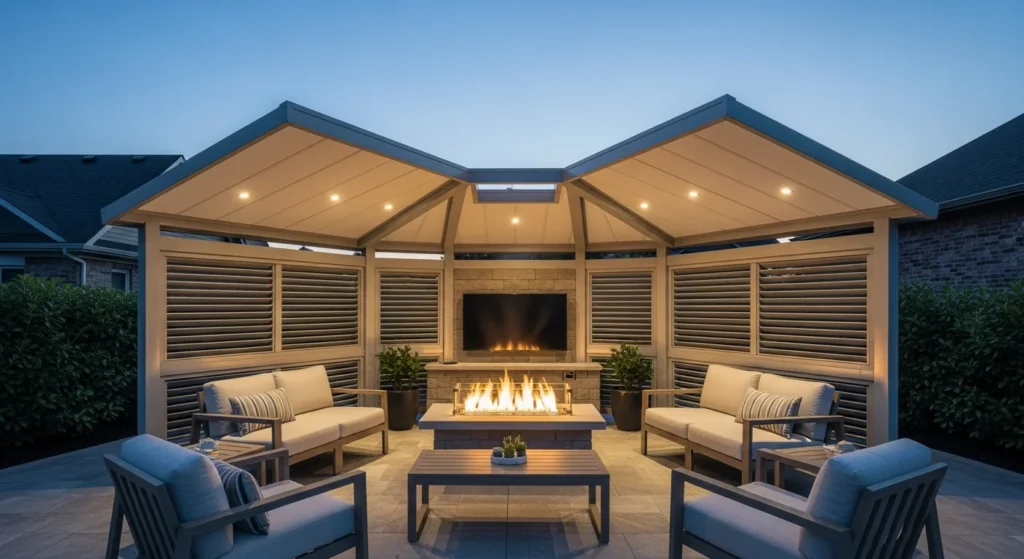 Modern fire pit shelter with partial roof panels and open center section for ventilation