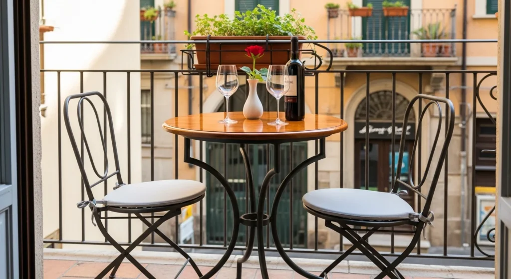 Classic bistro table with two chairs creating intimate bar setup on small balcony with wine service