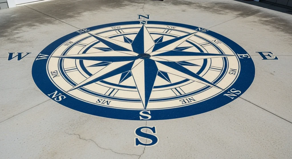 Compass rose design painted in center of concrete porch with directional points