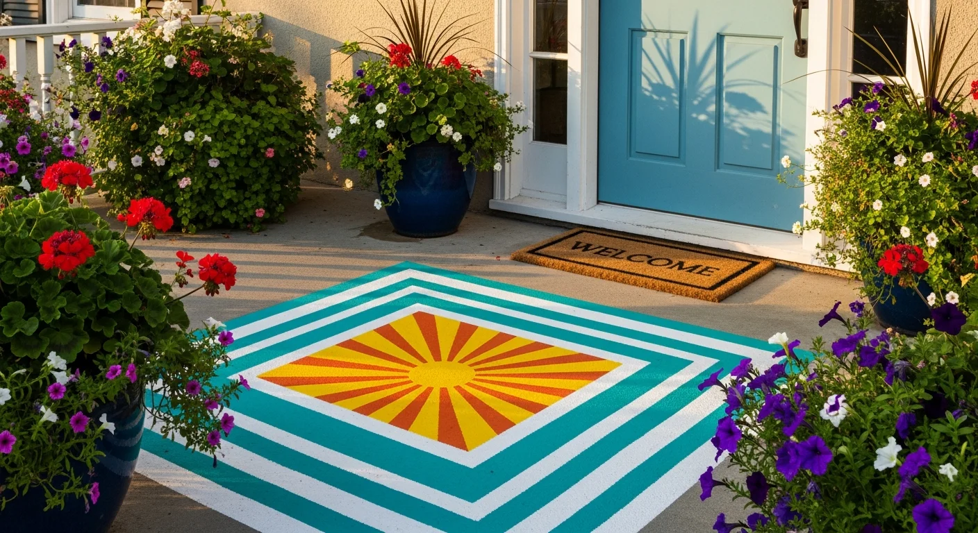: Creative painted concrete porch with colorful geometric patterns and welcoming entrance design